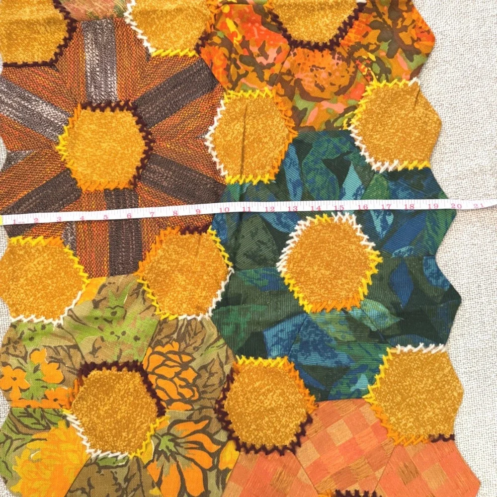 Vintage Handmade Patchwork Hexagon Table Runner Boho Cottagecore. 70s-80s